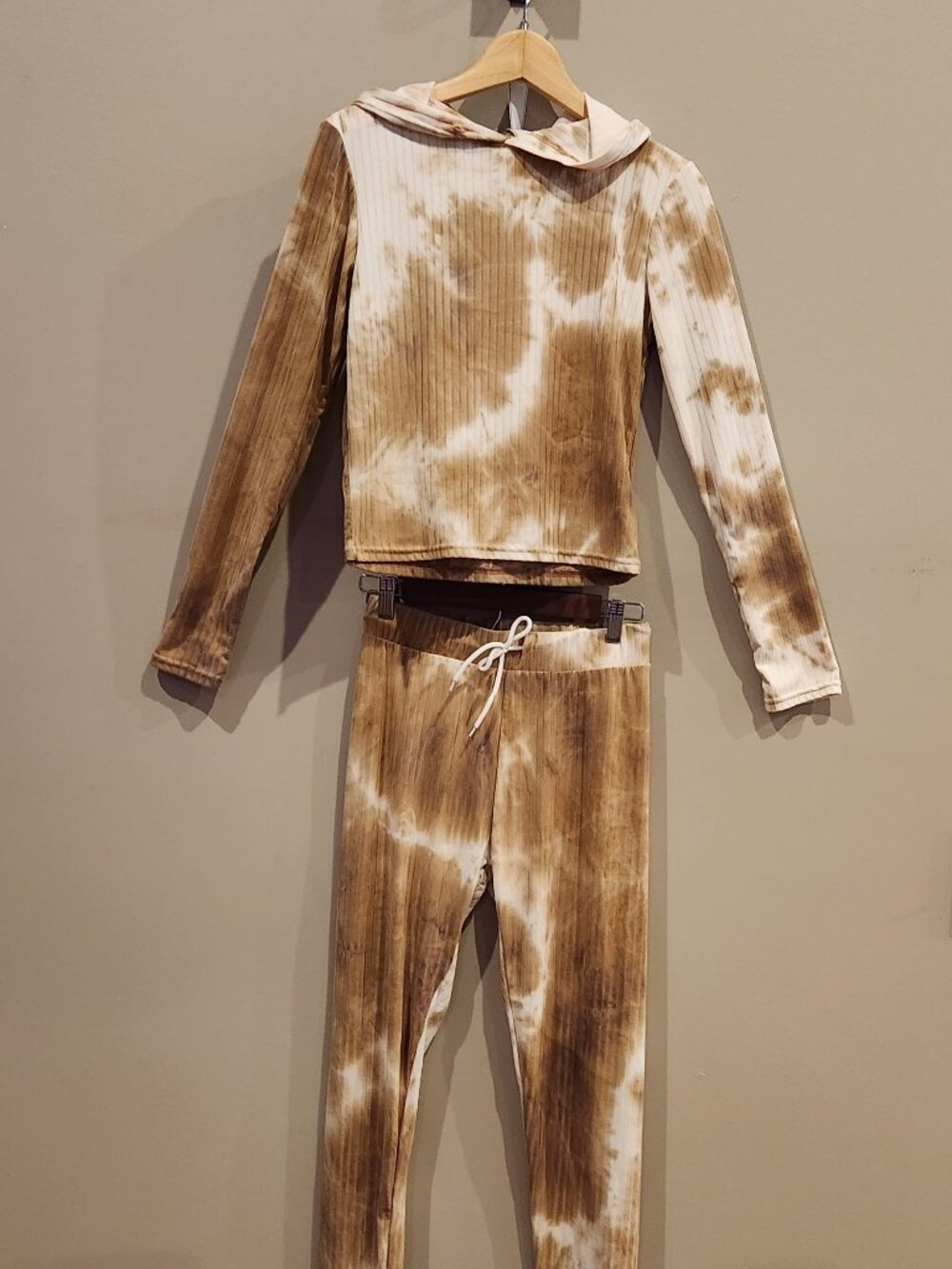 Boom Boom Jeans 2 Piece Tie Dye Lounge Set Medium Brown Ribbed Hoodie Joggers